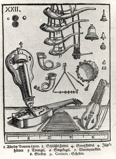 XVI century print depicting a nyckelharpa, wheeled viola and hurdy gurdy